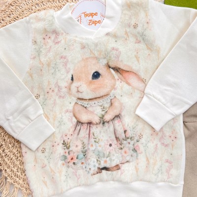 Conj. Blusa de Moletom com Pelinho Coelhinha e Calça de Moletinho - Off White e Areia